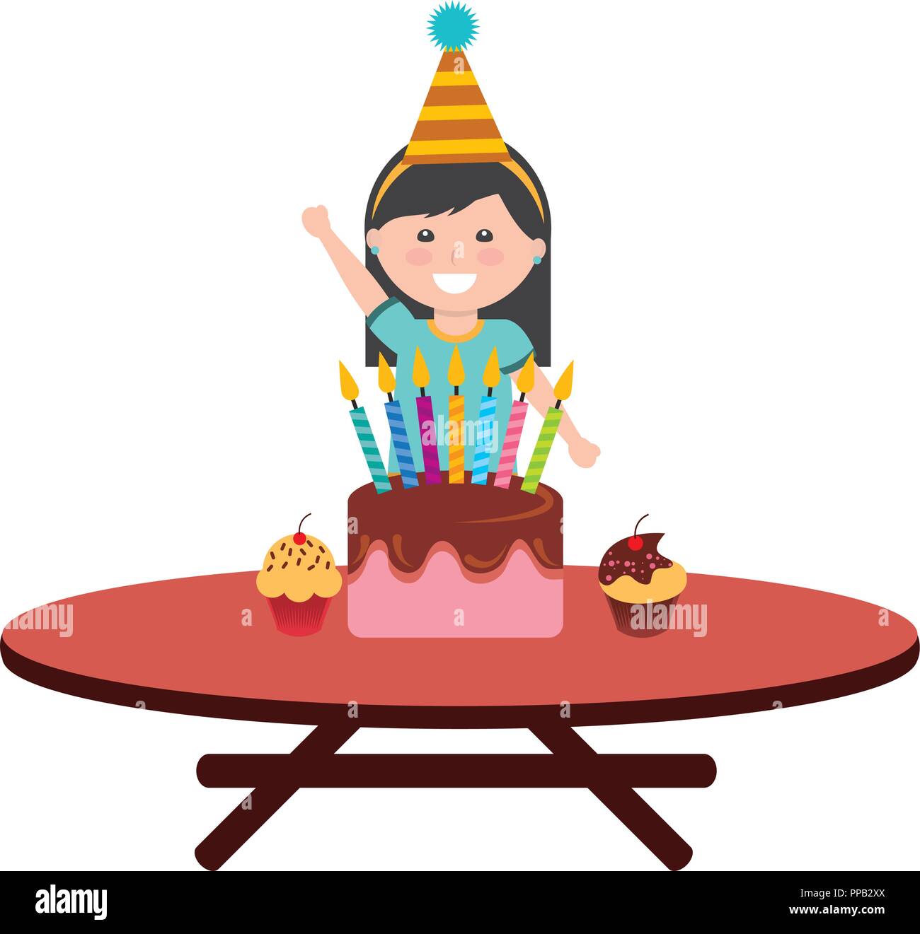 happy girl birthday cake with candles on table vector illustration ...