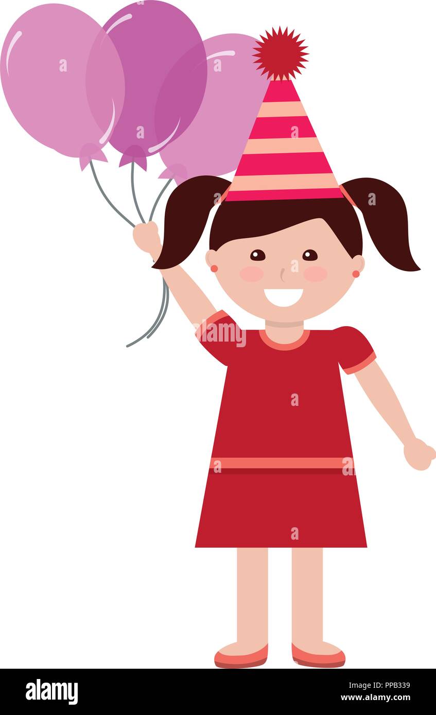 happy girl with party hat holding bunch balloons vector illustration ...