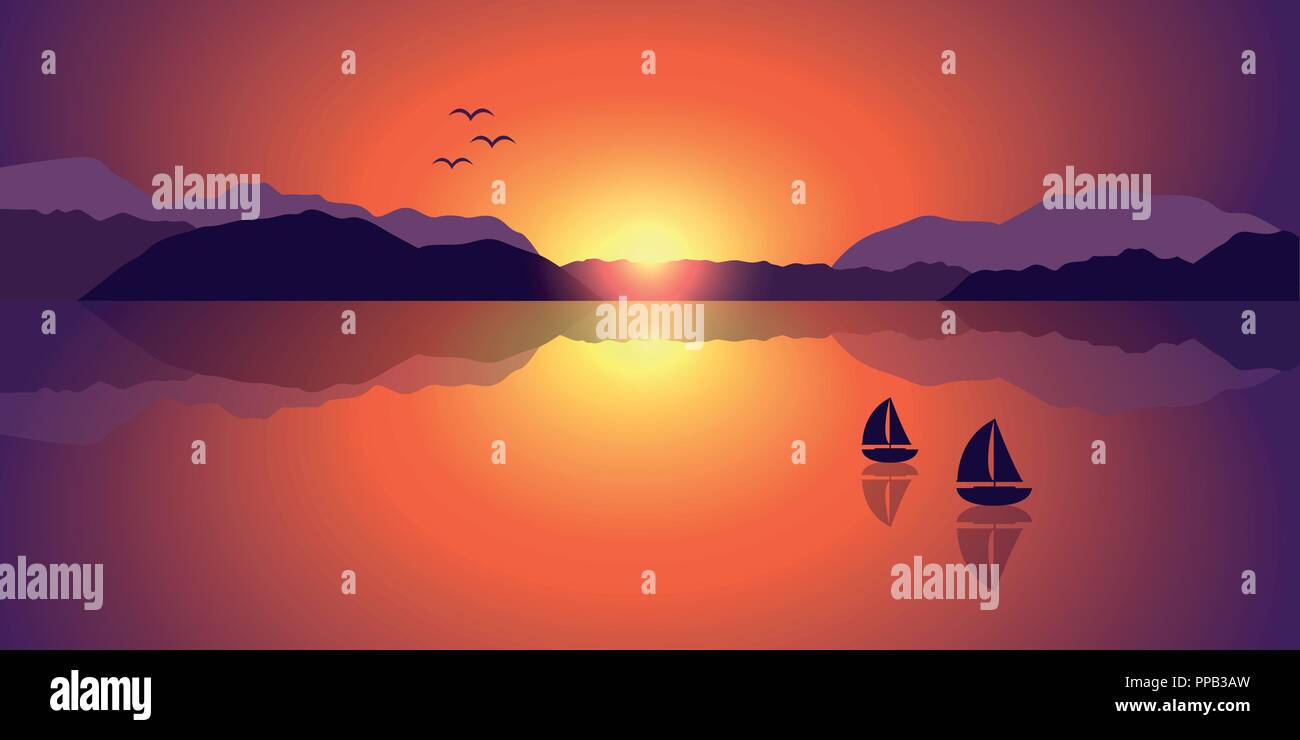 two sailboats on a lake at a romantic sunset vector illustration EPS10 ...