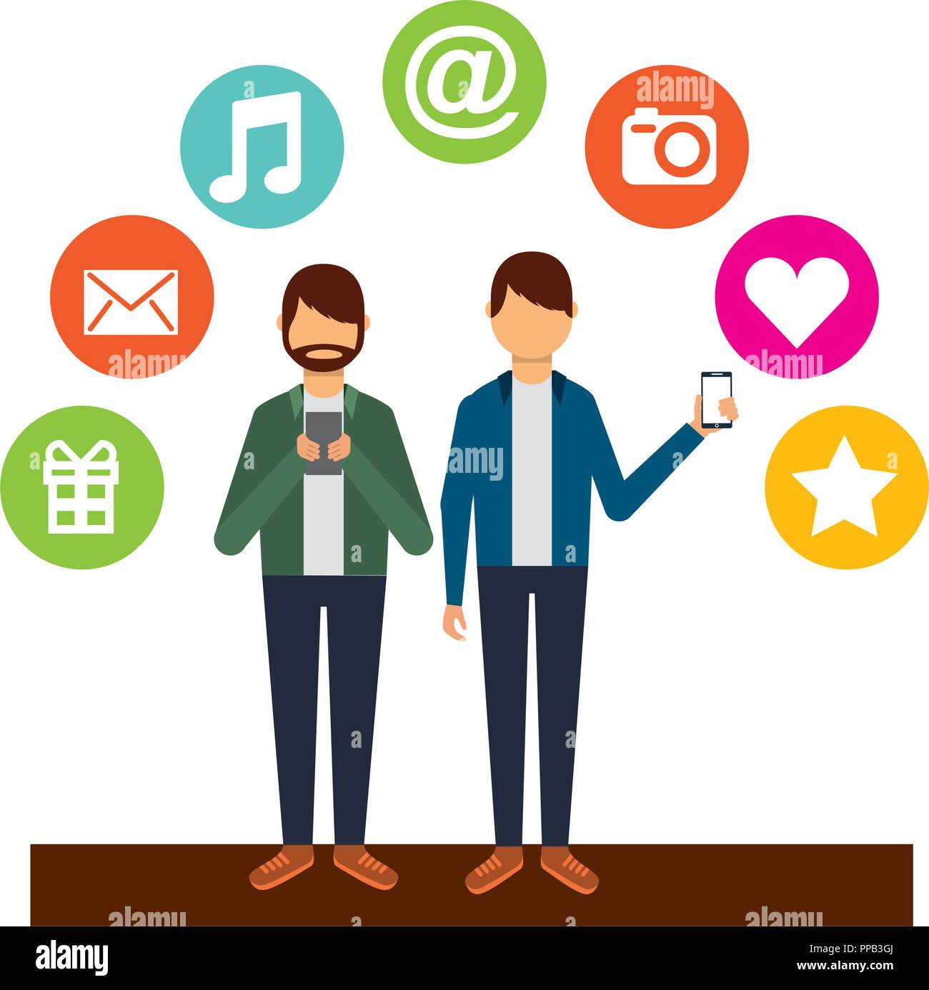 young men using smartphone social media icons vector illustration Stock ...