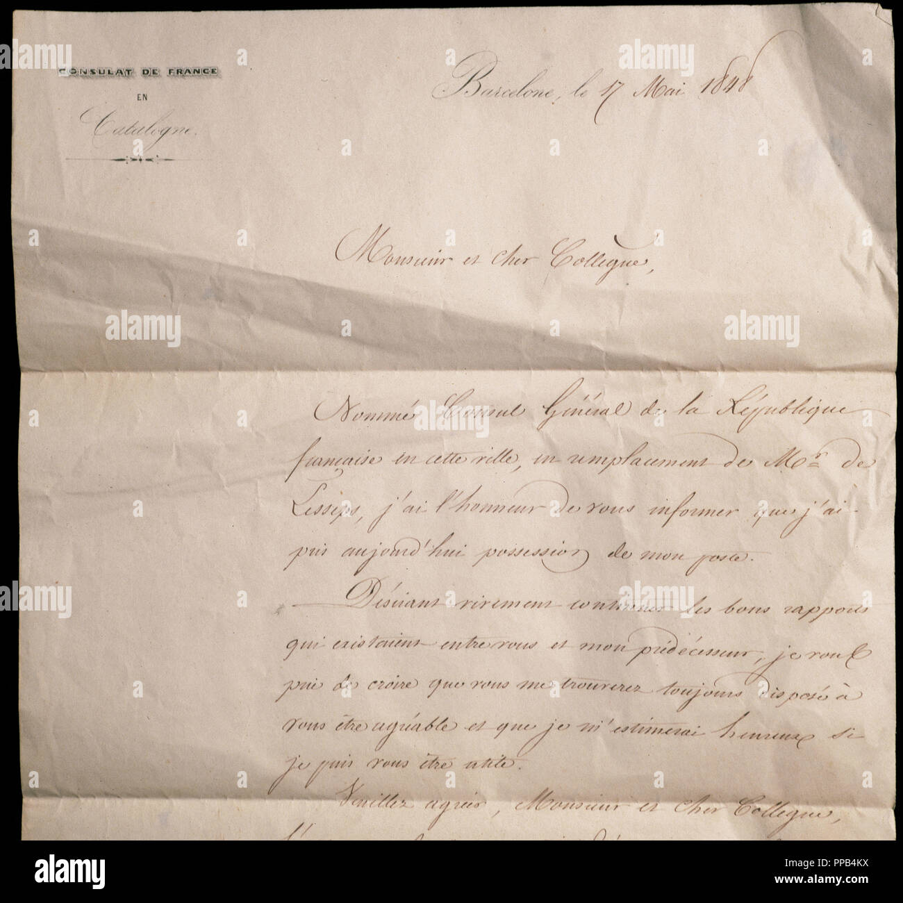 Ferdinand de Lesseps (1805-1894) French engineer. Letter from the consul general of the French Republic announcing the replacement to Lesseps such consul of France. 1848. Stock Photo
