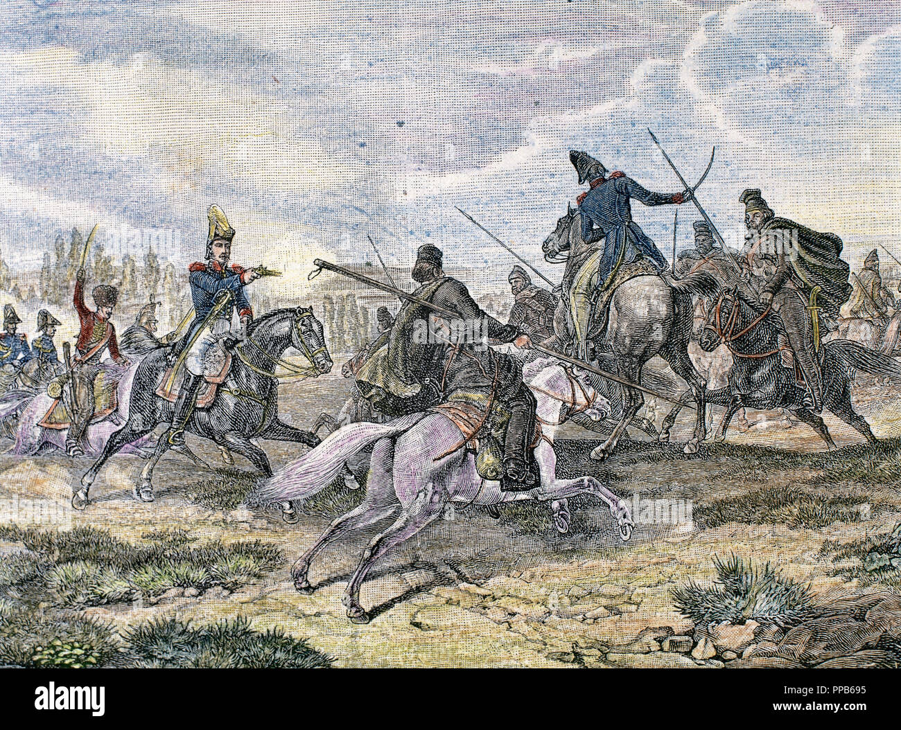 History of the Napoleonic Empire (XVIII century). Napoleonic Wars.  Fightt between french troops and cosacks on the Russian front. Colored engraving. Stock Photo