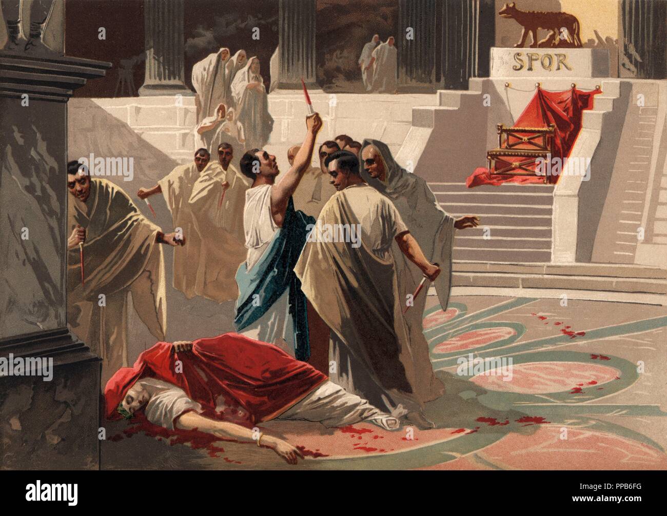 Historia. Roma. Asesinato y muerte de Cayo Julio César (12 ac-44 ac), militar y político romano, el 15 de marzo del año 44 ac. Grabado de 1896. Stock Photo