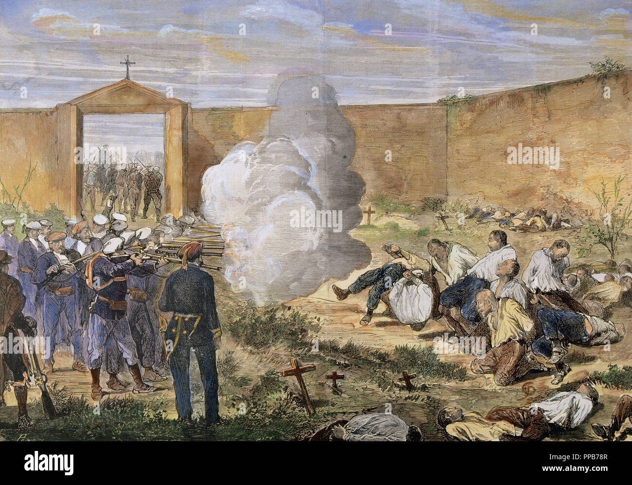 Third Carlist War (1872-1876). Castellfollit Action between Nouvilas column and Francesc Savalls' faction (1874). Savalls Carlist troops defeated the Liberal chief Nouvilas. Shooting prisoners of Nouvillas column in the cemetery of LLayes (July 17, 1874). Colored engraving. Catalonia. Spain. Stock Photo