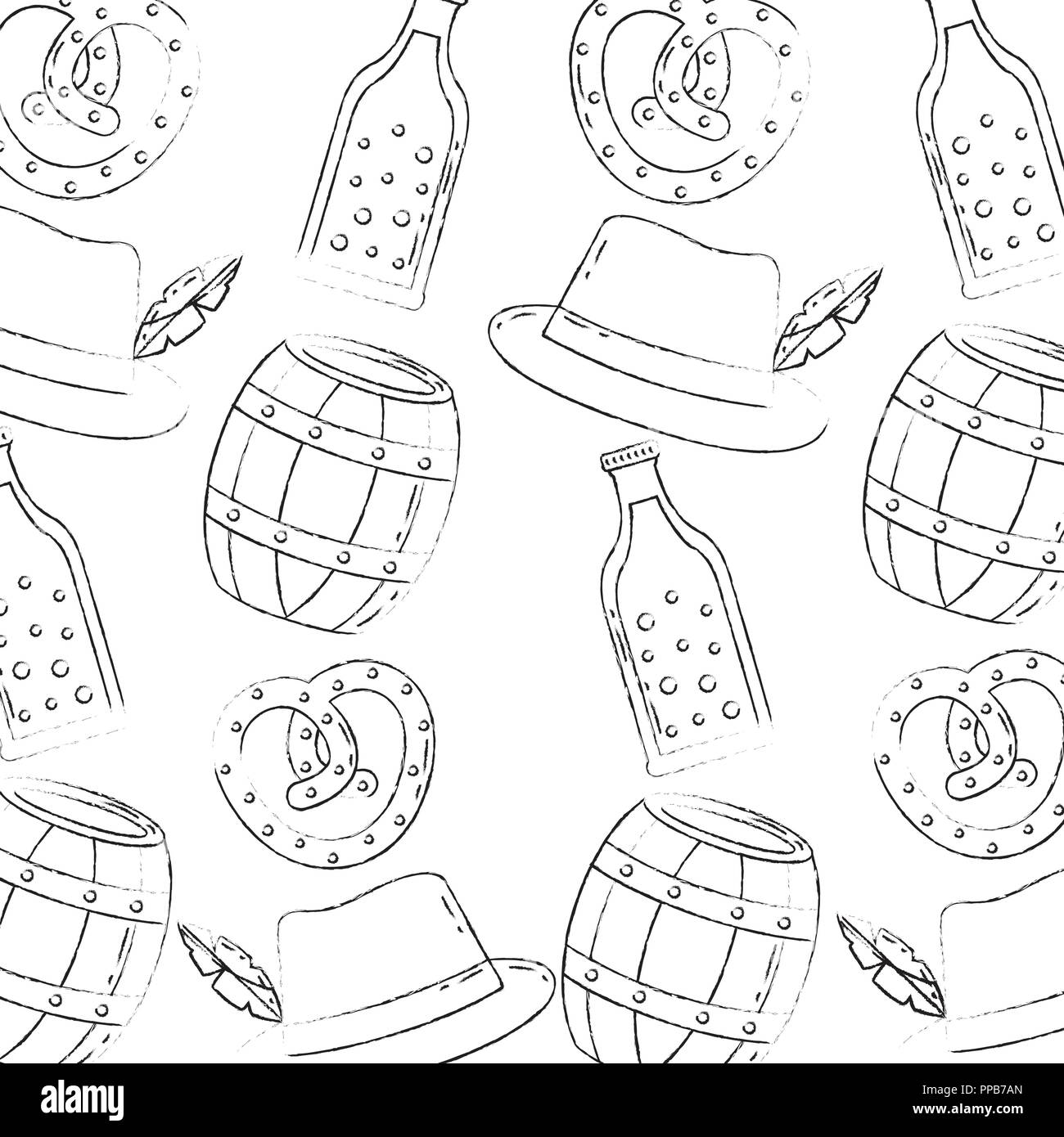oktoberfest beer barrel hat pretzel pattern vector illustration hand drawing Stock Vector