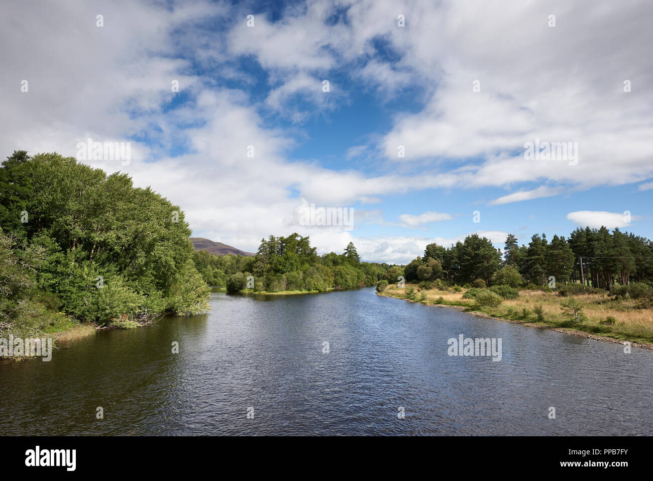 The River Spey flows and flows through the Loch Insh, Kincraig, Speyside, Highlands, Scotland, United Kingdom Stock Photo