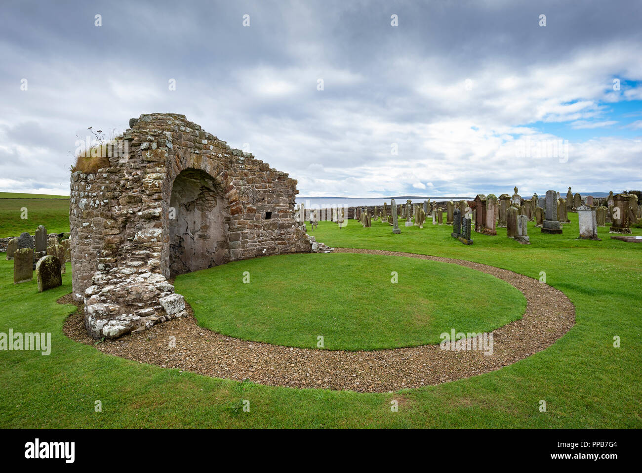 The ruin of Saint Nicholas, built in 11th century and the only medieval round church in the United Kingdom, Orphir, Orkney Stock Photo