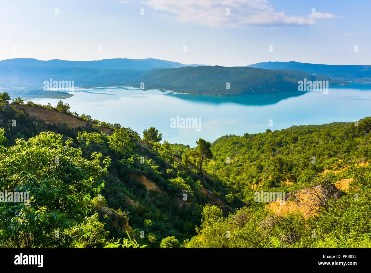 western shore of lake of Sainte-Croix, Provence, France, department Alpes-de-Haute-Provence, landscape near Sainte-Croix-du-Verdon Stock Photo