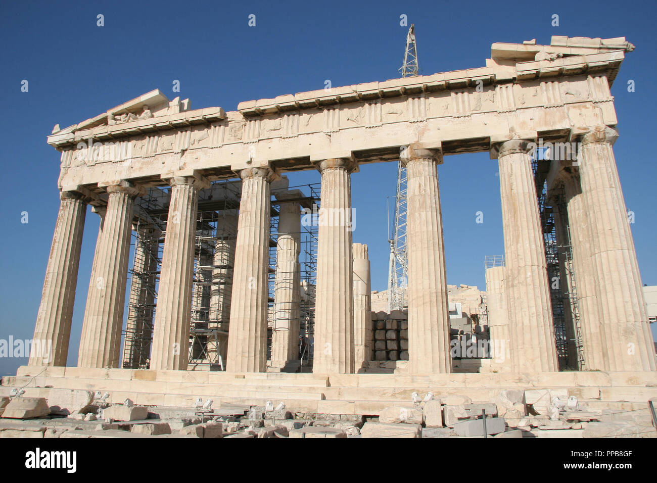 Greek Art. Parthenon. Was built between 447-438 BC. in Doric style under leadership of Pericles. The building was designed by the architects Ictinos and Callicrates. Acropolis. Athens. Attica. Central Greek. Europe. Stock Photo