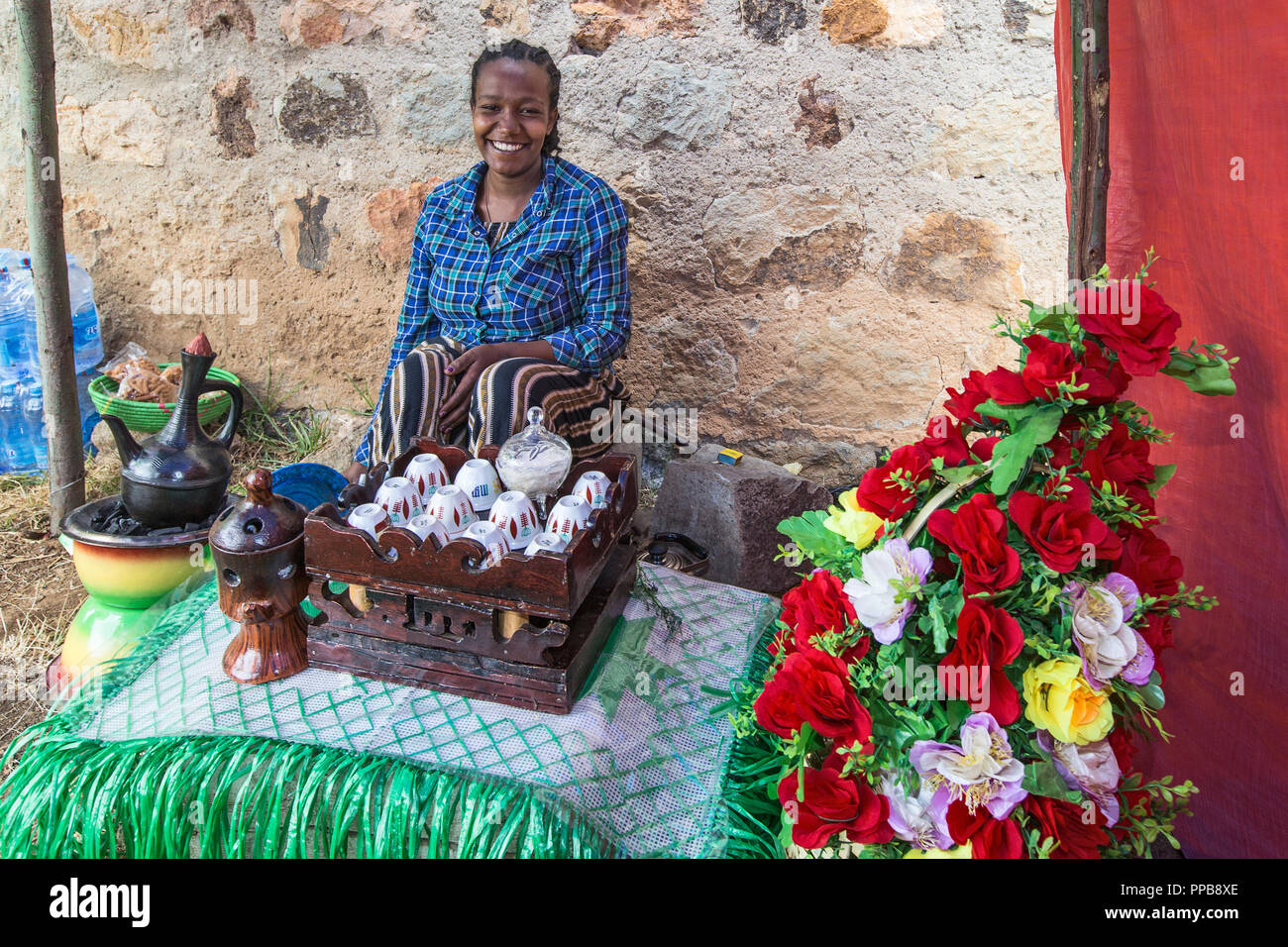 Coffee seller, Palace of Emperor Menelik II, Mount Entoto, Addis Ababa, Ethiopia Stock Photo