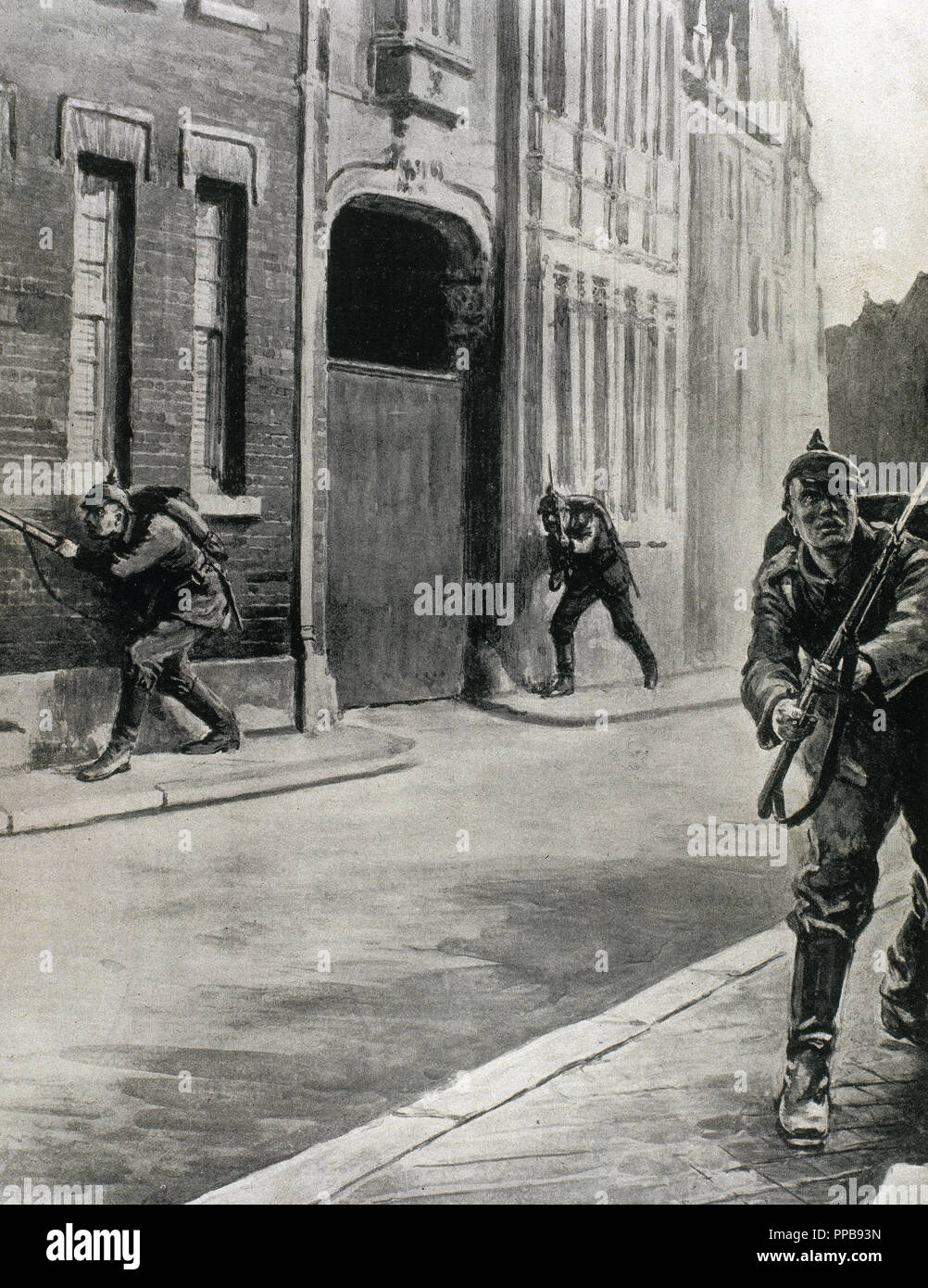 WORLD WAR I (1914-1918). German troops entering in Liege. Drawing by Philip Dadd (1915). Stock Photo