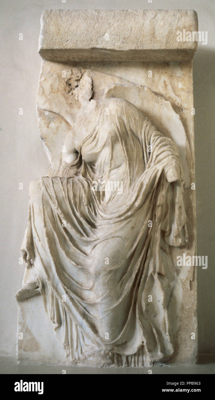 Relief depicting Nike or Victory tie his sandals. Bastion of the Temple of  Athena Nike, by Phidias (c.432-490 BC). 427-424 BC. Acropolis Museum.  Athens. Greece Stock Photo - Alamy