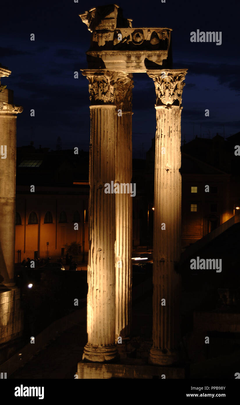 4th Bc Rome Italy. Rome. Roman Forum. Temple of Concord, 4th century BC. Night view ...
