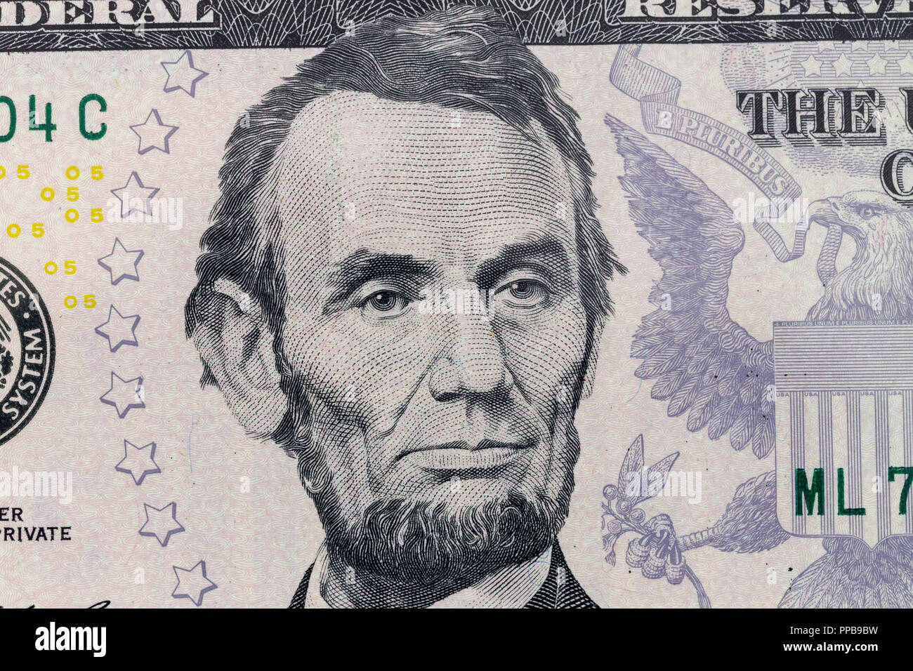 President Lincoln on the five dollar bill macro photo. United States of