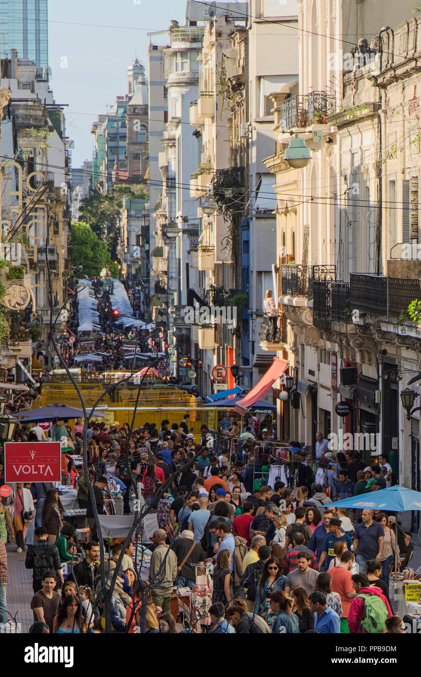 Crowd of people on sunday on street Defensa in occasion of the San Telmo antiquity fair. Buenos Aires, Argentina. Stock Photo