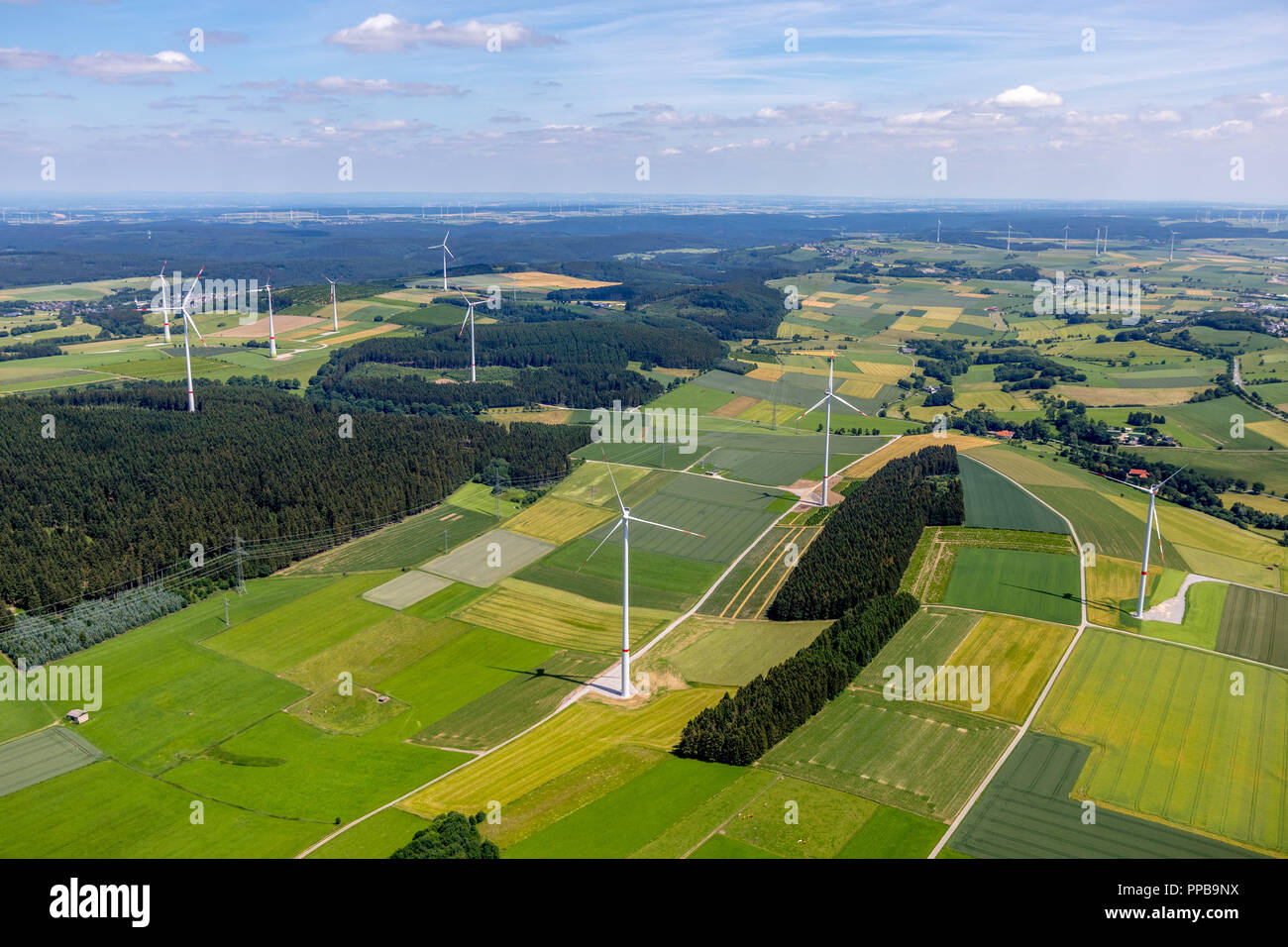 Aerial view, Wind farm between Altenbüren and Brilon, wind turbines on agricultural land, small heathland, Brilon, Sauerland Stock Photo