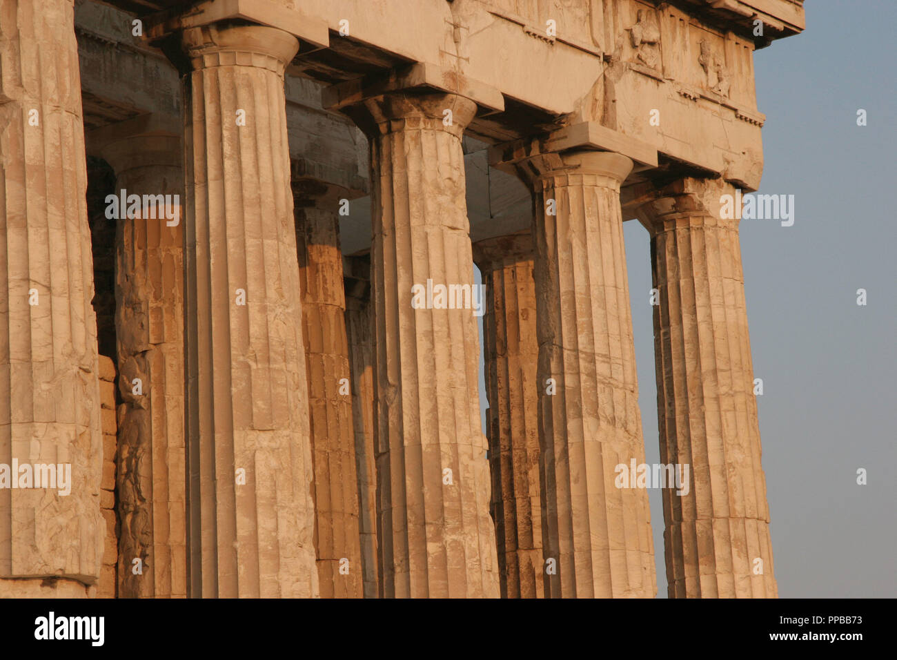Greek Art. Parthenon. Was built between 447-438 BC. in Doric style under leadership of Pericles. The building was designed by the architects Ictinos and Callicrates. Detail of columns. Acropolis. Athens. Attica. Central Greek. Europe. Stock Photo