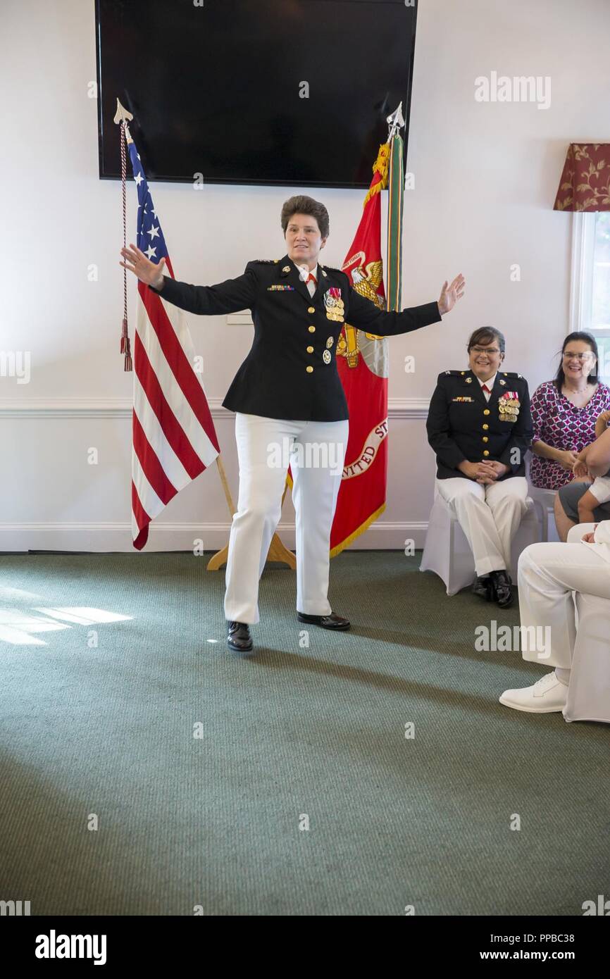 U.S. Marine Corps Lt. Gen. Loretta Reynolds, commanding officer, Marine Corps Forces Cyberspace Command, speaks at the retirement of Col. Maria Marte at the Tall Oaks Community Center, Woodbridge, Va., Aug. 19, 2018. Marte retired after serving faithfully for 28 years in the Marine Corps. Stock Photo