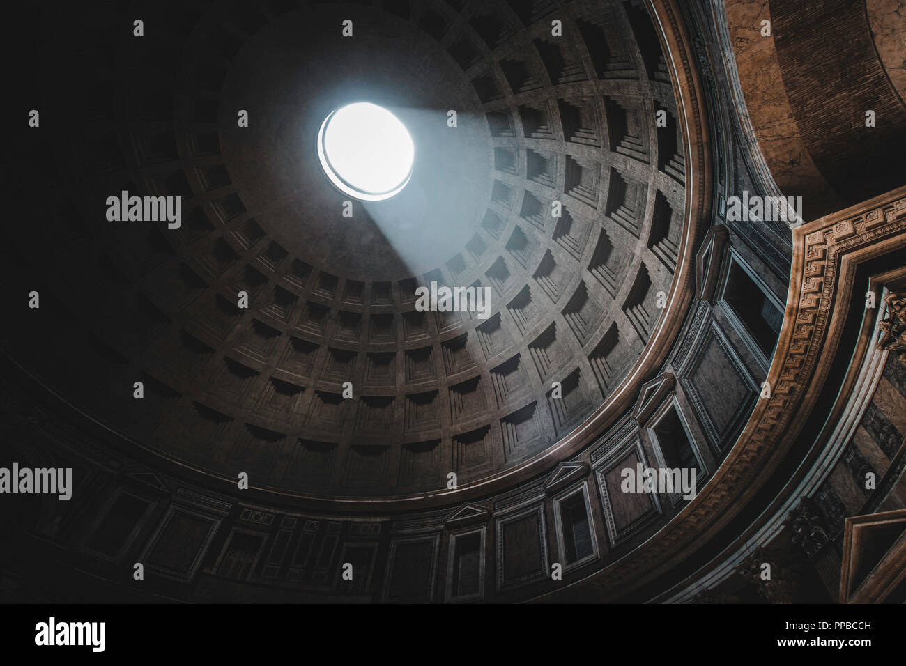 Light streak lighting up the Pantheon in Rome. Stock Photo