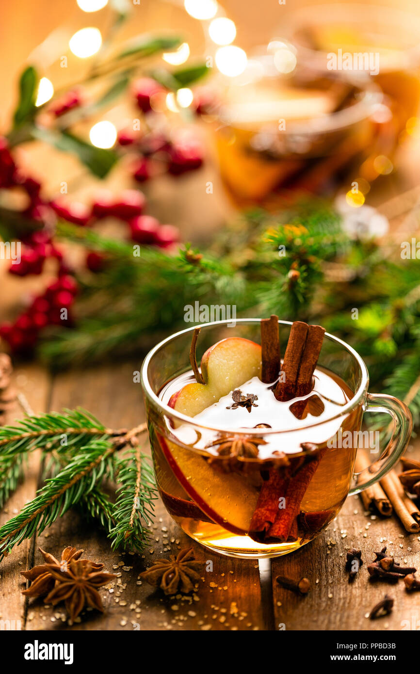 Mulled cider with cinnamon, cloves and anise. Traditional Christmas
