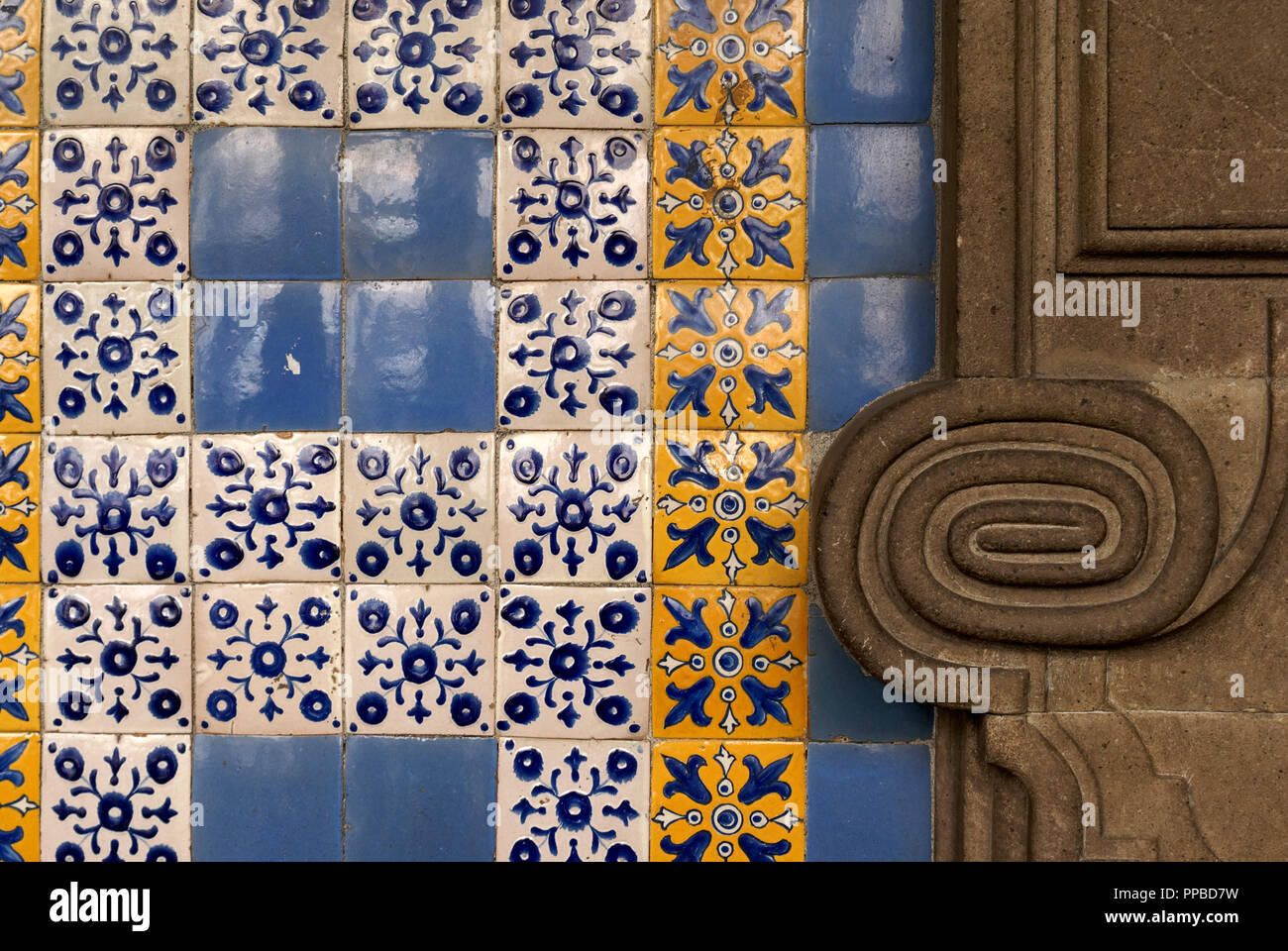Spanish colonial tiles decorating the wall of a building in Centro Historico, Mexico City, Mexico Stock Photo