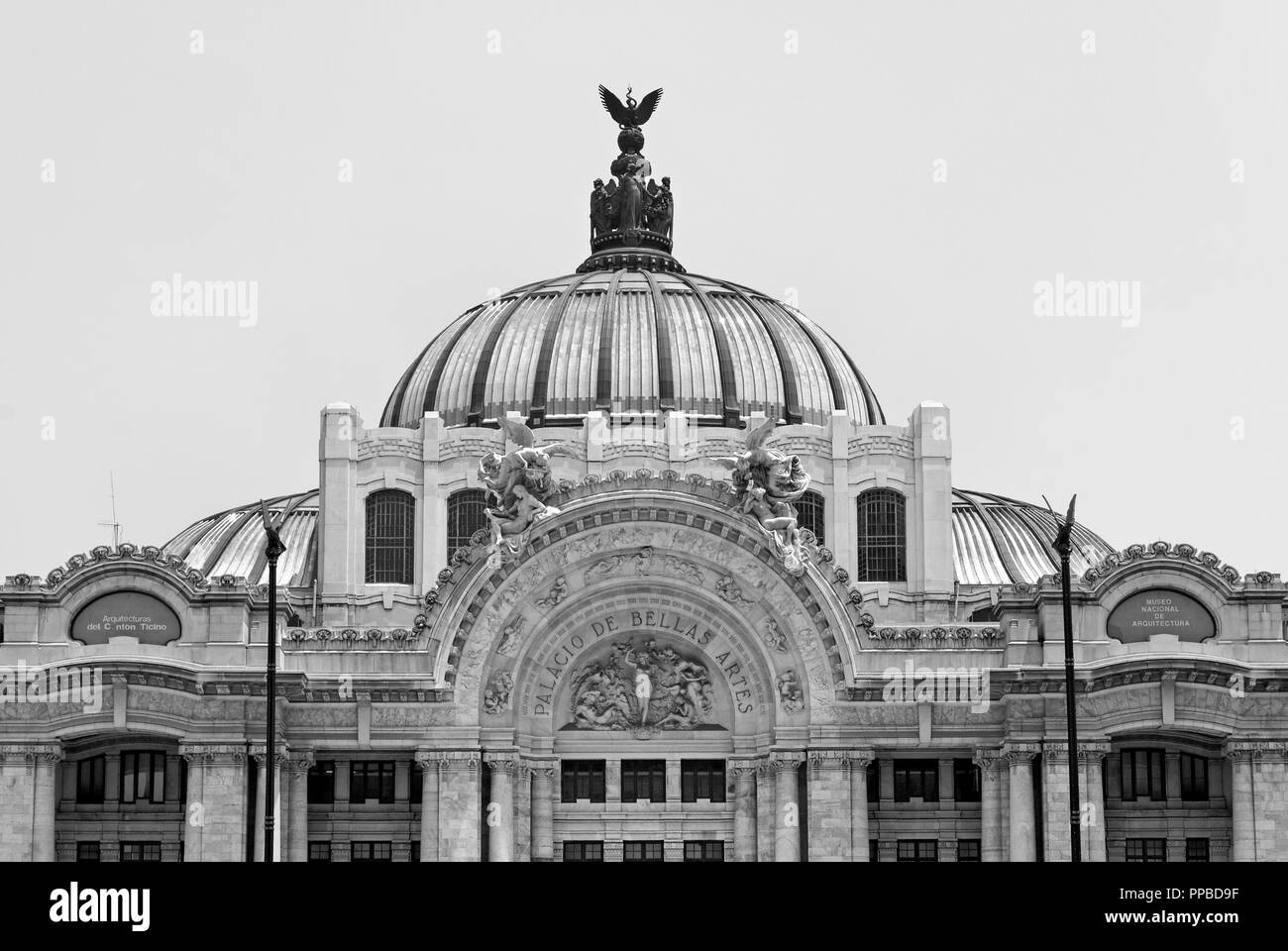 Close-up of the Art Nouveau facade and dome of the Palacio de Bellas Artes or Palace of Fine Arts  in downtown Mexico City, Mexico Stock Photo
