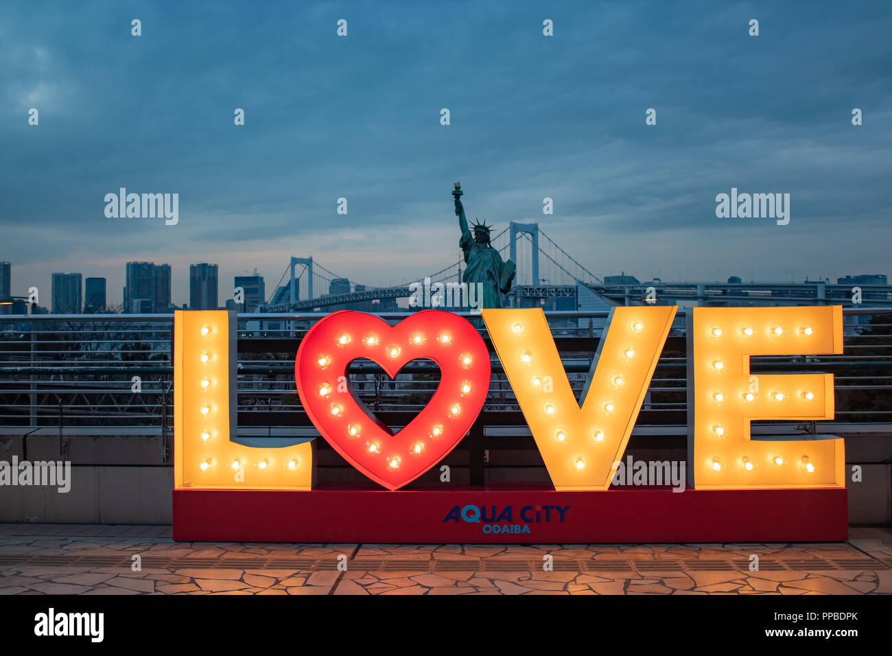 TOKYO, JAPAN - 21 FEB 2018: Love sign with lights, Japanese statue