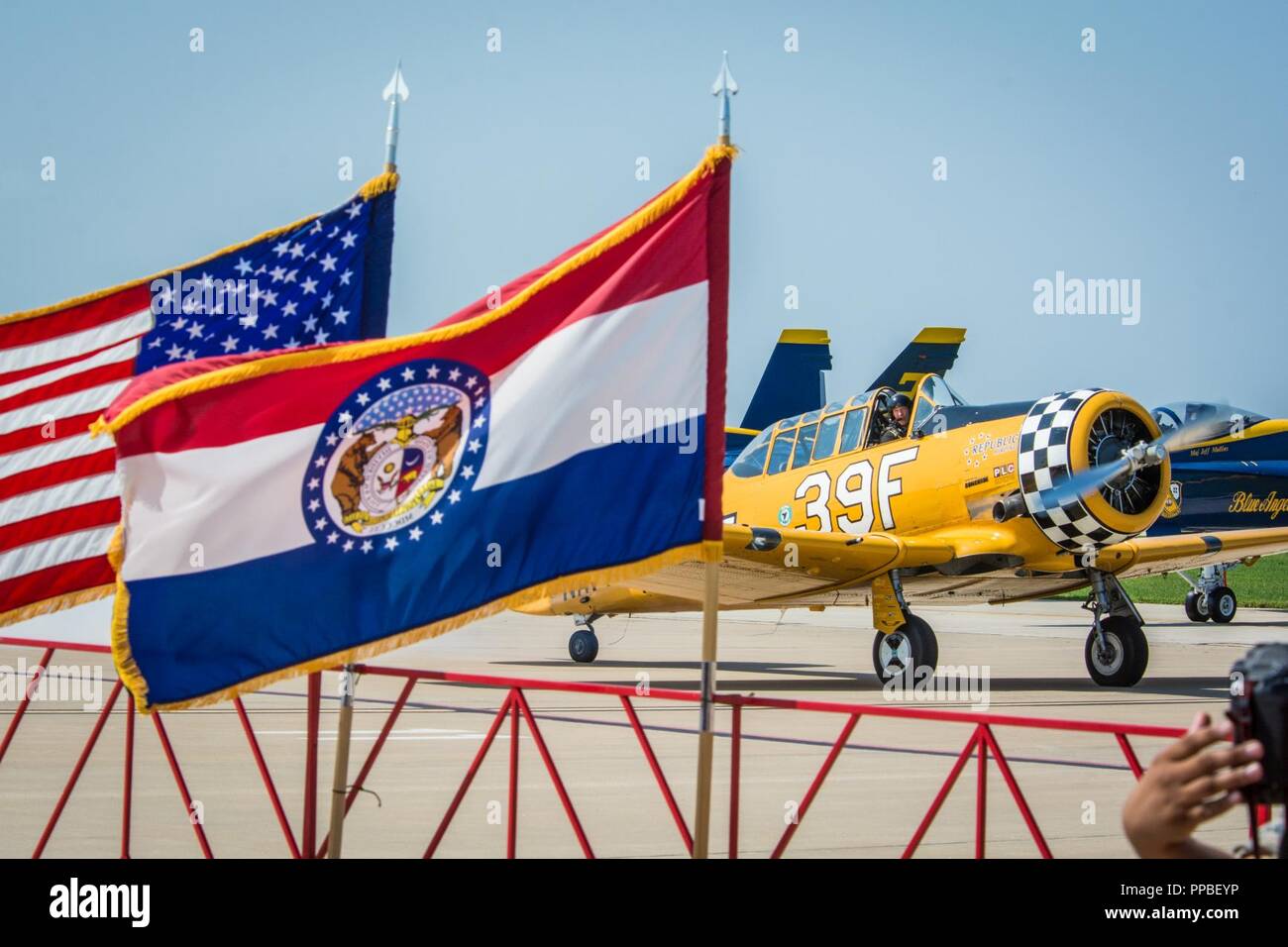 A T6 Texan aircraft, piloted by Jeff Shetterly, taxis after landing