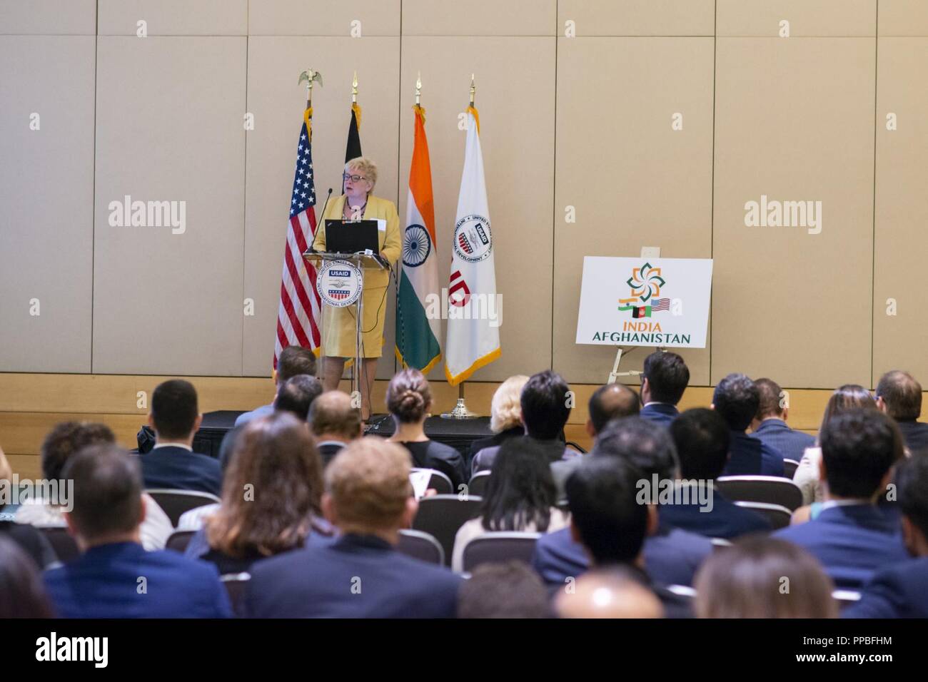 Karen Freeman, assistant to the administrator in U.S. Agency for International Development's Office of Afghanistan and Pakistan Affairs, speaks about the benefits of the trade relations during the Passage to Prosperity 2: India – Afghanistan Trade and Investment Show launch in Washington, D.C., August 15, 2018. (USAID Stock Photo