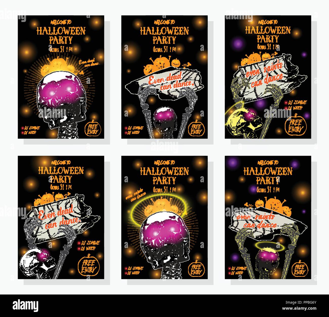 Set of Halloween holidays hand drawn invitation poster or greeting card with handwritten words and phrases calligraphy greetings. Even dead can dance. Stock Vector