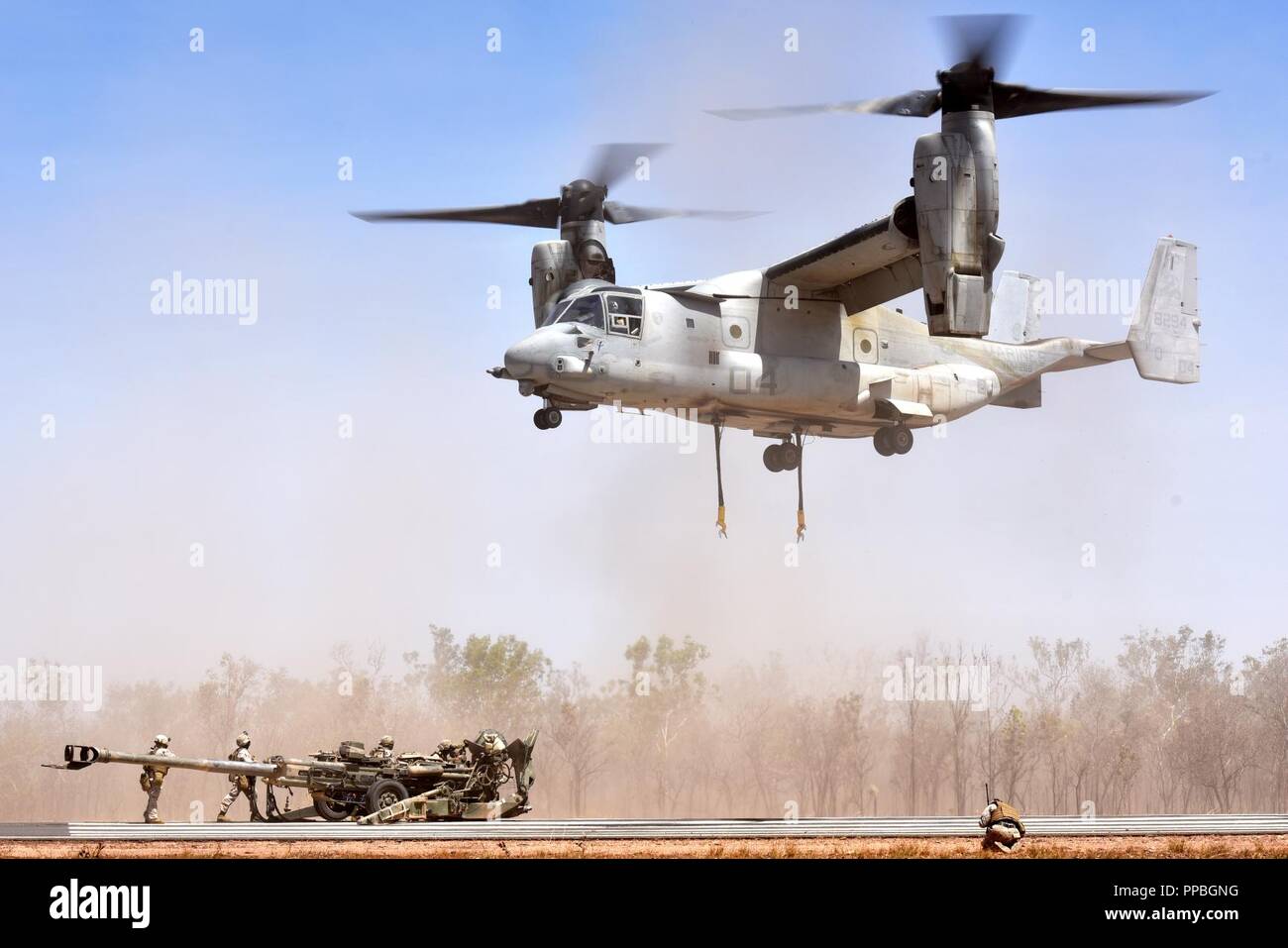 Marines with Marine Medium Tiltrotor Squadron 268 (VMM-268) hook up an M777 Howitzer from Mike Battery, 3rd Battalion, 11th Marine Regiment, to an MV-22 Osprey during Marine Rotational Force – Darwin’s Exercise Koolendong at Mount Bundey Training Area, Australia, Aug. 25, 2018. This is the first time an Osprey has lifted and moved a Howitzer in an austere environment in Australia and it is the first time an entire artillery battery deployed in support of MRF-D. Stock Photo