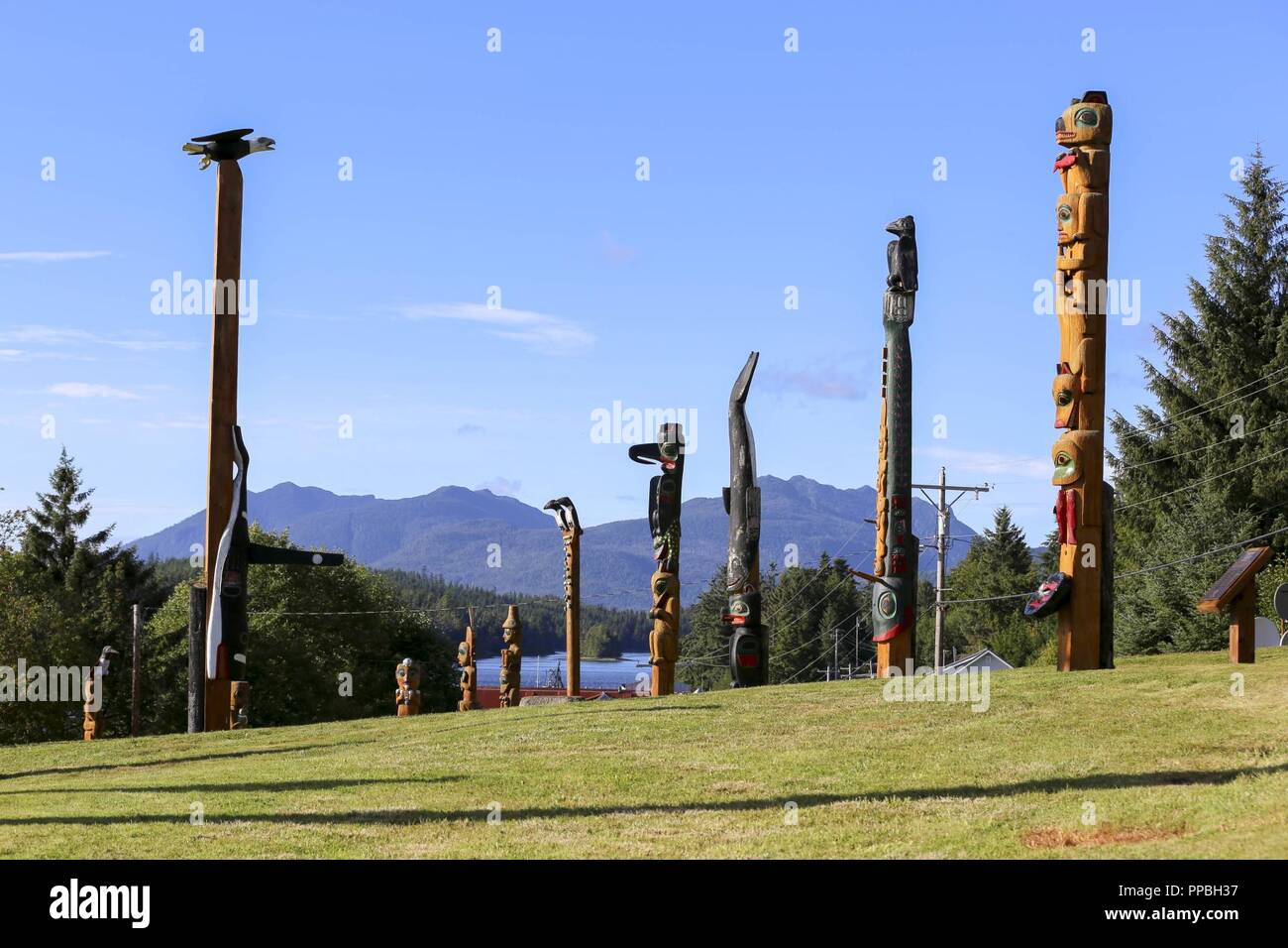 Totem poles stand prominently in Klawock’s Totem Park next to the