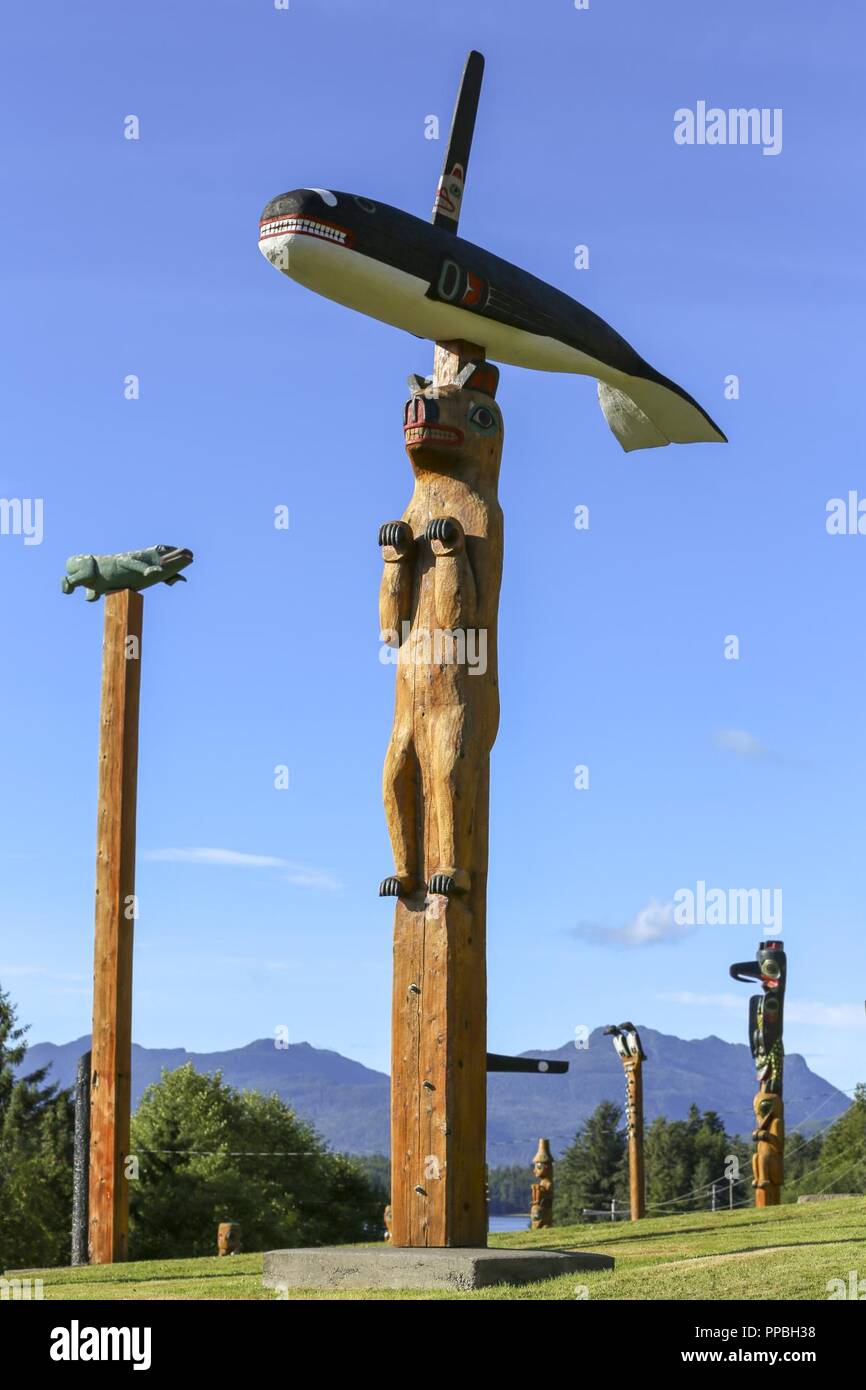 Totem poles stand prominently in Klawock’s Totem Park next to the