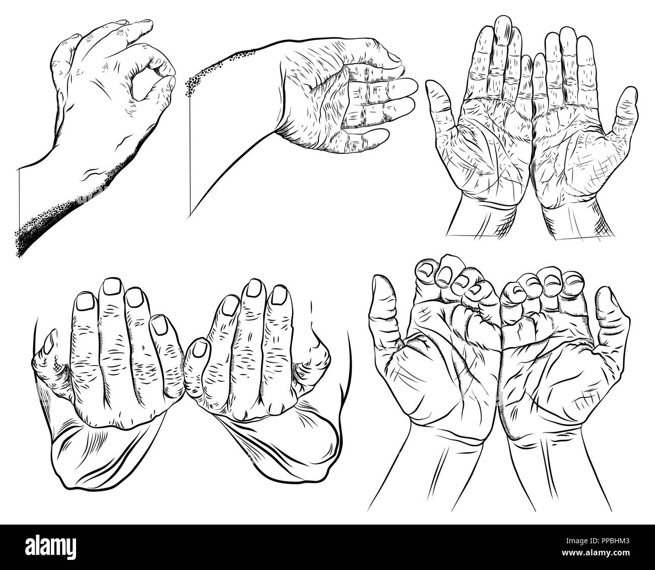 Set of hand gestures sketch. Two open female hands showing protecting gesture. Empty hand holding. Pair of hands with exposed palm, request or donatio Stock Vector