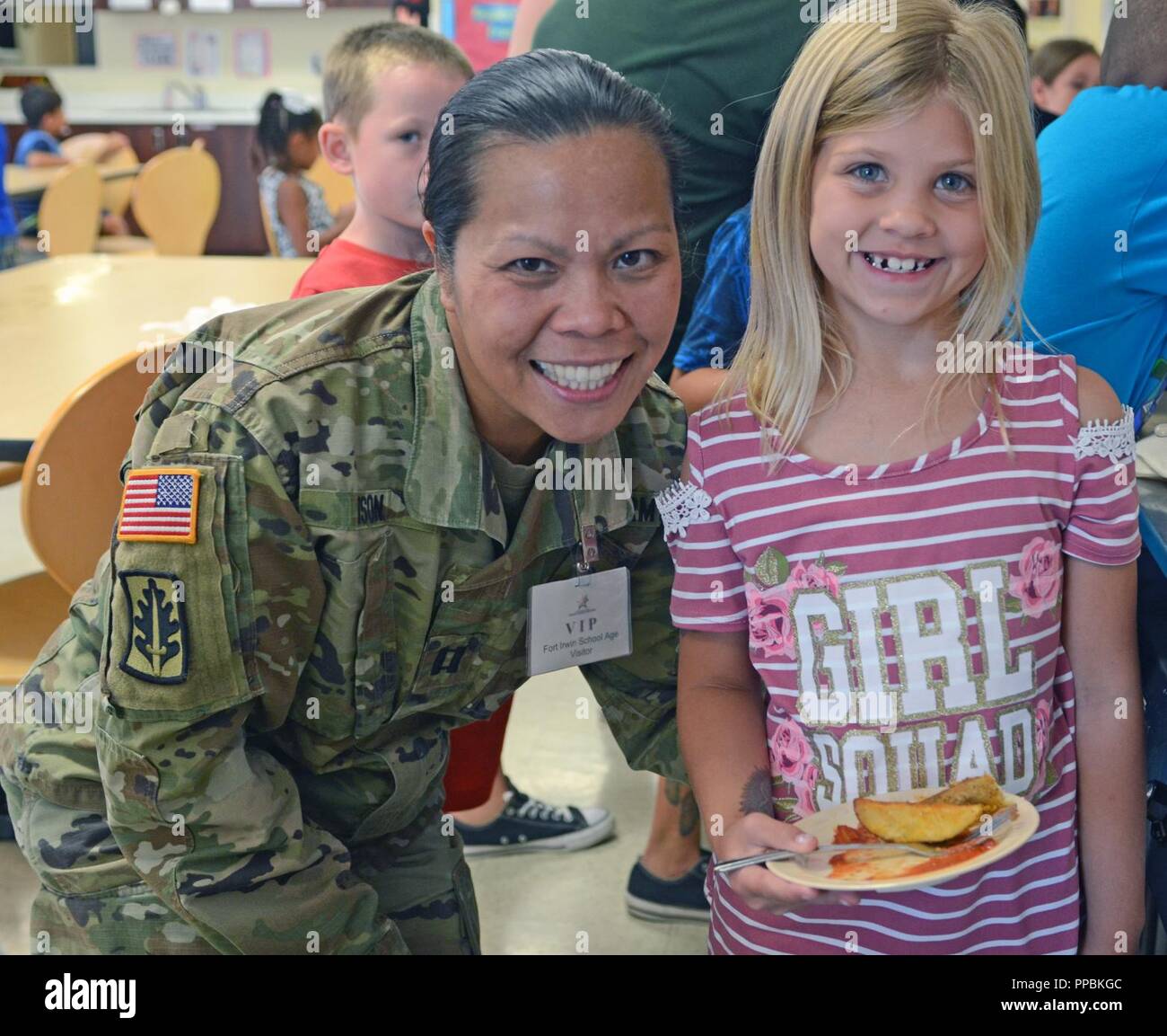 Capt. Angie M. Ison, Chief Nutrition Care Division, Weed Army Community Hospital, visit with children at Fort Irwin School Age Center to discuss nutrition, being active and sleeping proper in order to combat childhood obesity Aug. 21. Stock Photo
