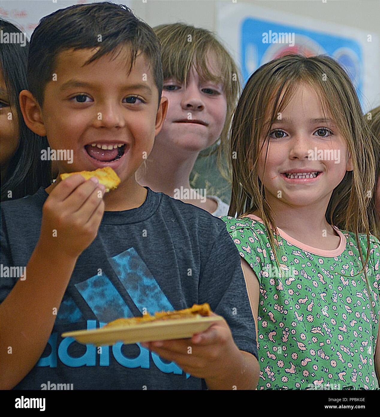 Capt. Angie M. Ison, Chief Nutrition Care Division, Weed Army Community Hospital, visit with children at Fort Irwin School Age Center to discuss nutrition, being active and sleeping proper in order to combat childhood obesity Aug. 21. Stock Photo