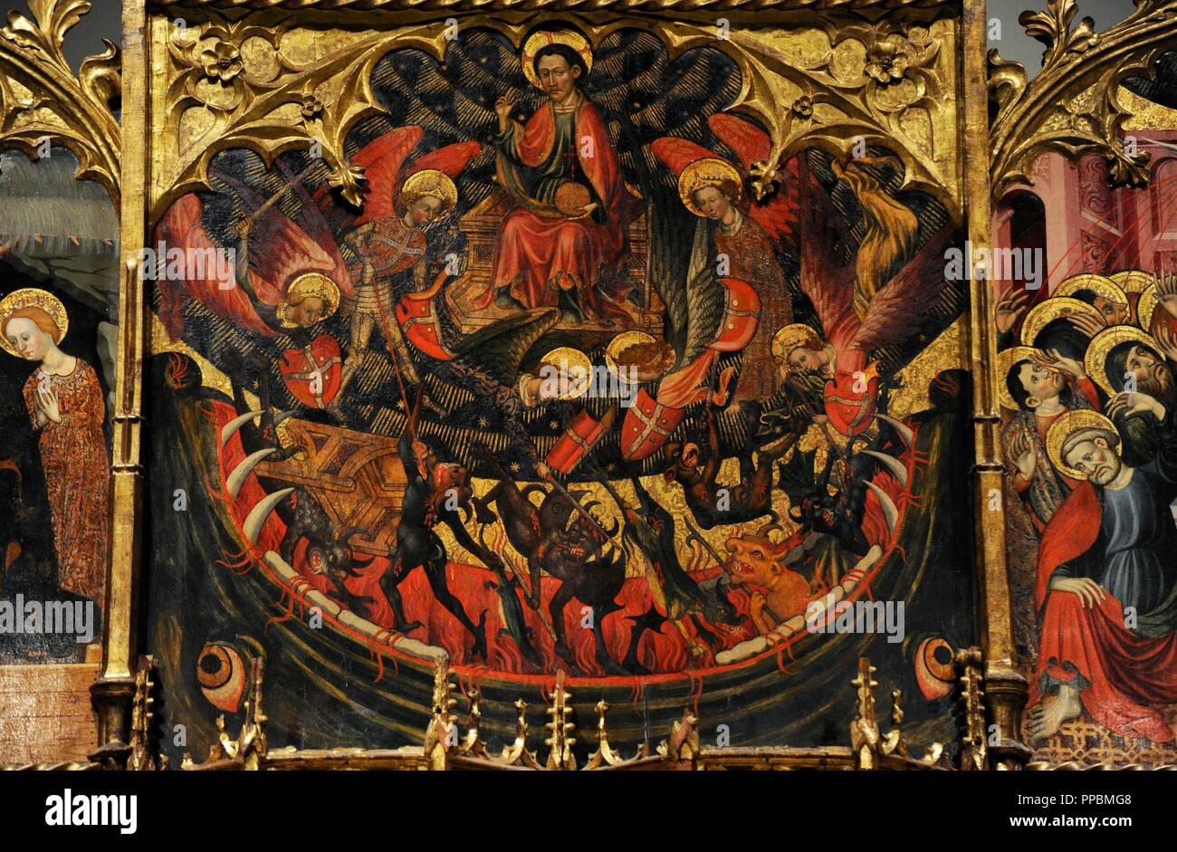Bernat Despuig (documented between 1383-1451) and Jaume Cirera (active 1418-1449/1450) . Altarpiece of Saint Michael and Saint Peter, 1432-1433. Detail depicting the final Battle between angels and demons according to the Book of Revelation. Gothic. From the hight altar of the Church of Sant Miquel de la Seu Urgell, Catalonia. National Art Museum of Catalonia. Barcelona. Catalonia. Spain. Stock Photo