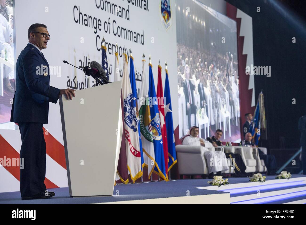 Lt. Gen. Joseph T. Guastella Jr., Commander of U.S. Air Forces Central Command (AFCENT), speaks to attendees during the AFCENT change of command ceremony at Al Udeid Air Base, Qatar, Aug. 30.  Guastella entered the Air Force in 1987 as a graduate of the U.S. Air Force Academy.  He’s flown the F-16 Fighting Falcon and A-10 Thunderbolt II, served multiple combat tours and instructed at the U.S. Air Force Fighter Weapons School.  He is a command pilot and has accumulated more than 4,000 flying hours, including 1,000 combat hours in the F-16C/D and the A-10C. Stock Photo