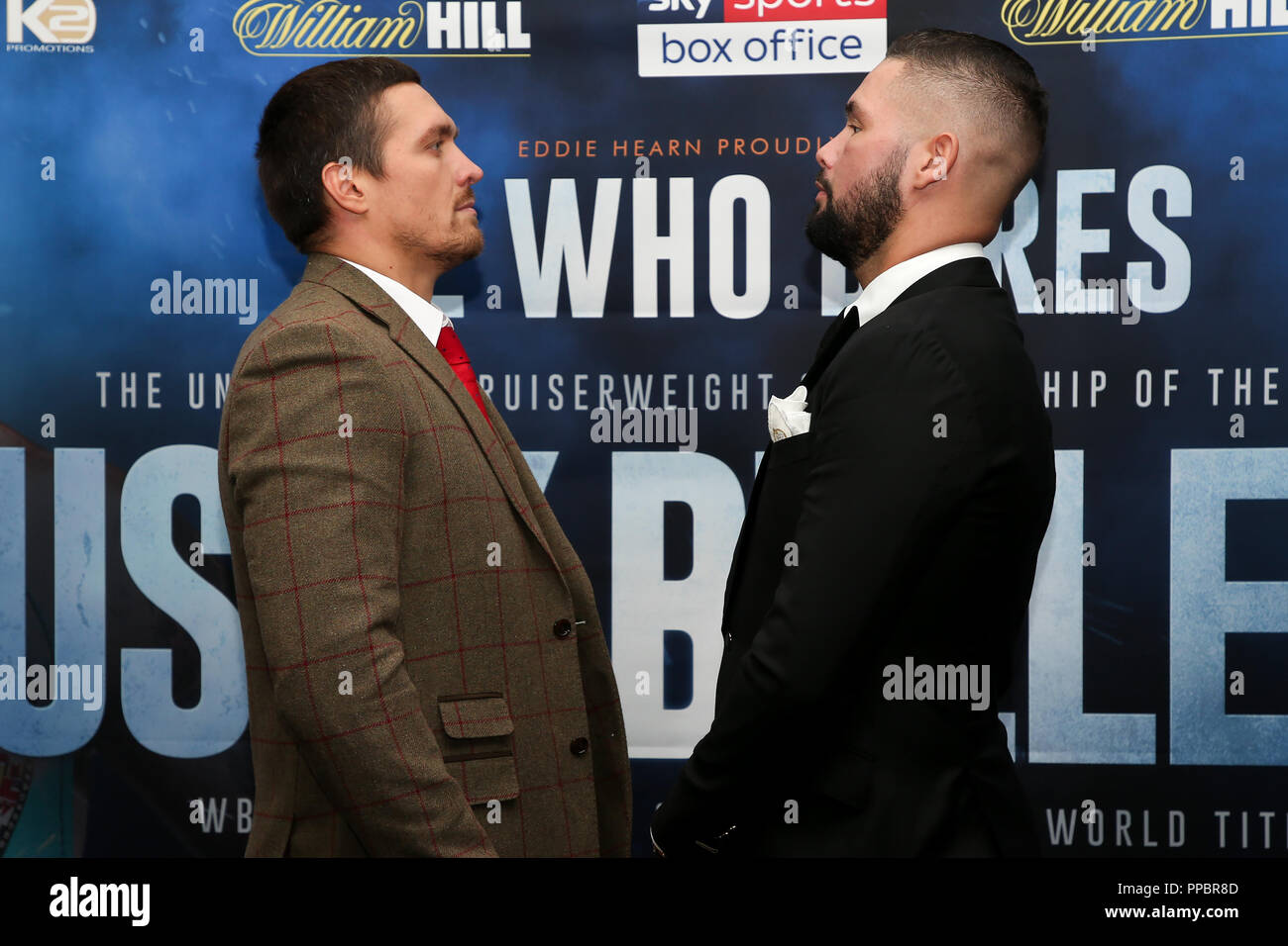 Manchester, UK. Monday 24th September 2018. Oleksandr Usyk and Tony Bellew face off during a Matchroom Boxing press conference in Manchester, UK. Credit: UK Sports Agency/Alamy Live News Stock Photo
