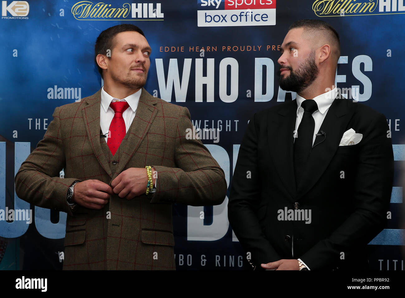 Manchester, UK. Monday 24th September 2018. Oleksandr Usyk and Tony Bellew face off during a Matchroom Boxing press conference in Manchester, UK. Credit: UK Sports Agency/Alamy Live News Stock Photo