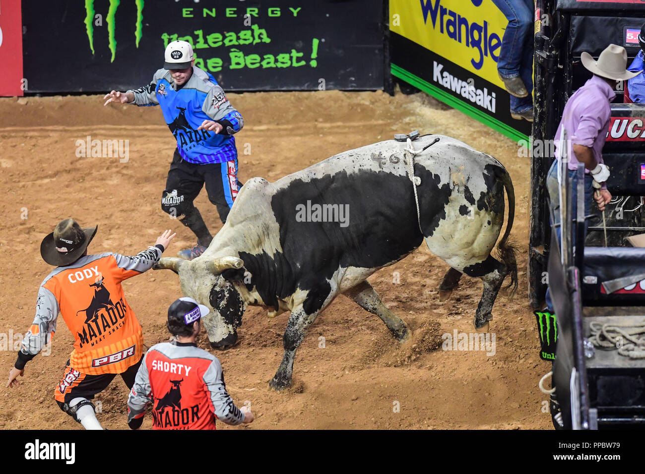 Fairfax, Virginia, USA. 23rd Sep, 2018. Matador Jerky Bull Fighters JESSE BYRNE, SHORTY GORHAM, and CODY WEBSTER wrangle a bull named Willie Wilson during the second night of competition held at EagleBank Arena in Fairfax, Virginia. Credit: Amy Sanderson/ZUMA Wire/Alamy Live News Stock Photo
