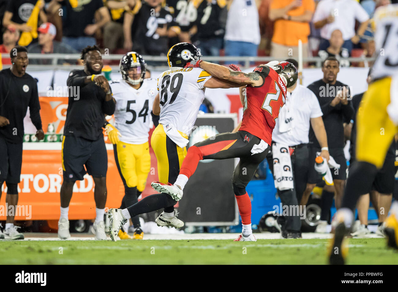 Tampa Florida Usa 24th Sep 2018 Pittsburgh Steelers Tight End Vance Mcdonald 89 Stiff Arms Tampa Bay Buccaneers Defensive Back Chris Conte 23 For A 75 Yard Touchdown During The First Quarter