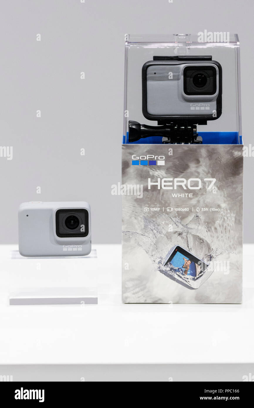Tokyo, Japan. 25th Sep 2018. GoPro Hero 7 White camera is seen during the  presentation of company's new products on September 25, 2018, Tokyo, Japan.  The new Hero 7 Black is being