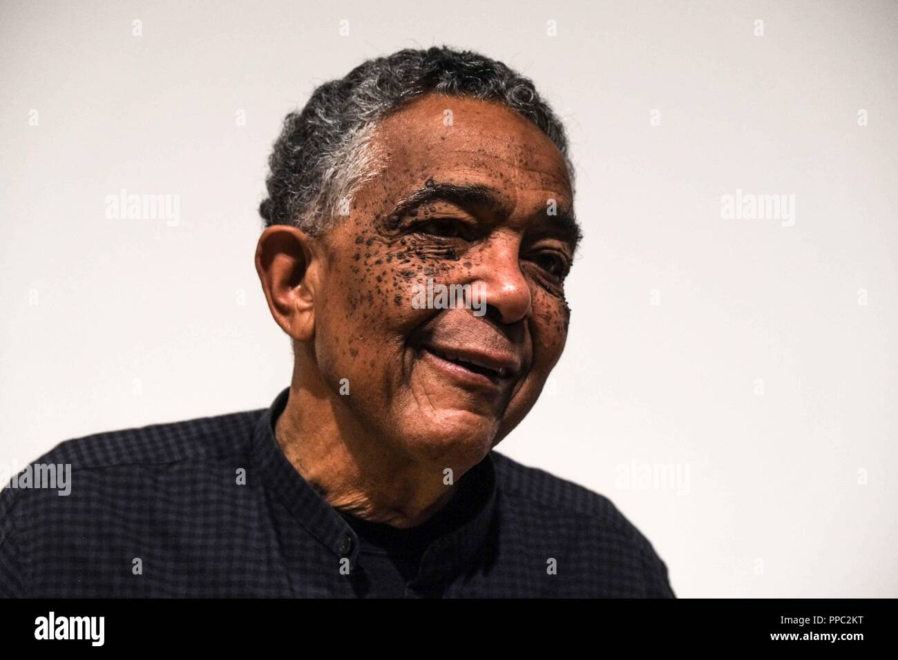 London 25th September 2018: Fred Eversley creator of  Untilted ( Parabolic Lens). Space Shifters at Hayward Gallery features artworks spanning a period of roughly 50 years by 20 leading international artists. Space Shifters at Hayward Gallery runs fron 26th September 2018 - 6th January 2019. Credit: Claire Doherty/Alamy Live News Stock Photo