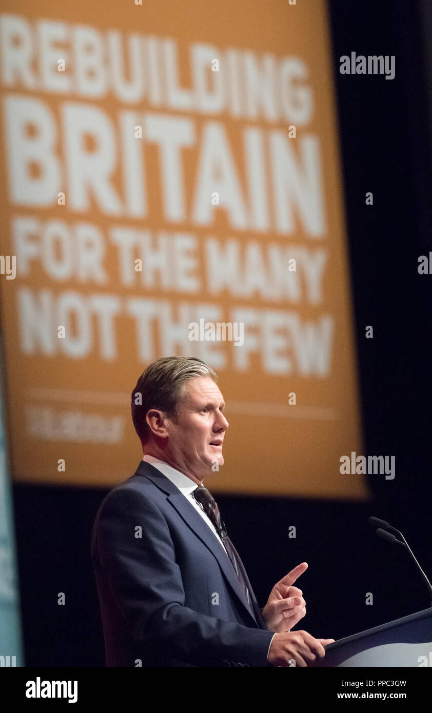 Liverpool, UK. 25th Sep 2018. Labour Party Annual Conference 2018, Albert Docks, Liverpool, England, UK. 25th. September, 2018. Keir Starmer M.P. Shadow Secretary of State for Exiting the European Union speaking on Brexit and the Economy at the Labour Party Annual Conference 2018. Alan Beastall/Alamy Live News Stock Photo