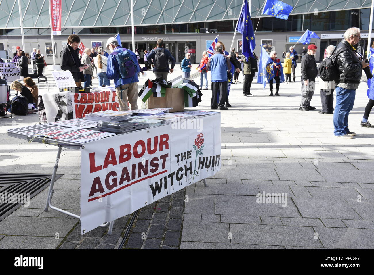 Liverpool, UK, 25th September 2018, Various stalls with flags and placards outside the Echo Arena for the Labour Party Conference. Credit David J Colbran / Alamy Live News Stock Photo