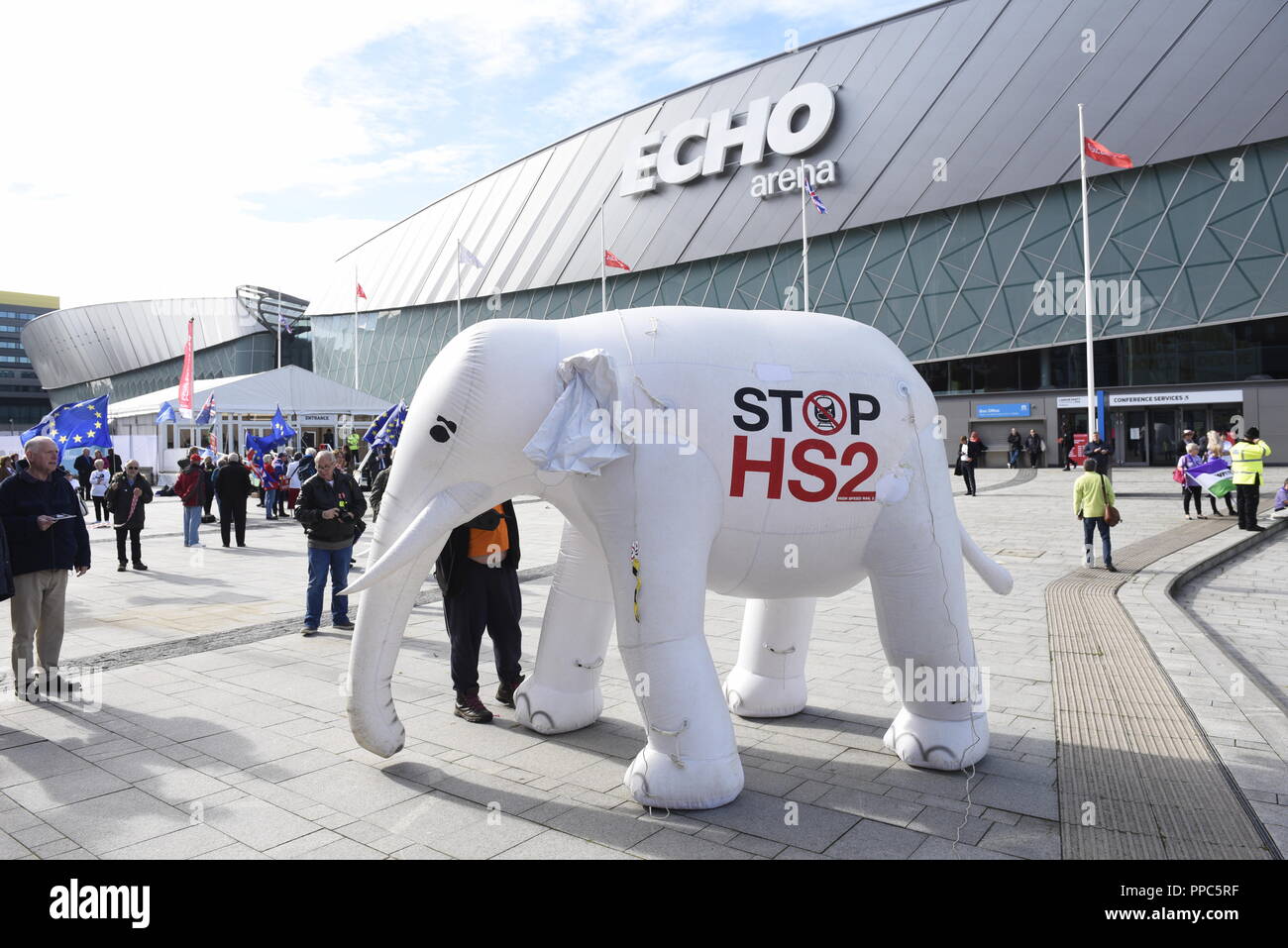 Liverpool, UK, 25th September 2018, Inflatable white elephant with 'Stop HS2' written on it, outside the Echo Arena for the Labour Party Conference. Credit David J Colbran / Alamy Live News Stock Photo