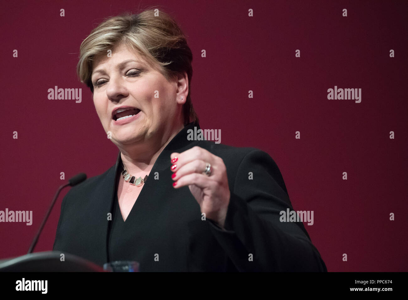Liverpool, UK. 25th Sep 2018. Labour Party Annual Conference 2018, Albert Docks, Liverpool, England, UK. 25th. September, 2018. Emily Thornberry M.P. Shadow First Secretary of State speaking on Security at Home and Abroad at the Labour Party Annual Conference 2018. Alan Beastall/Alamy Live News Stock Photo