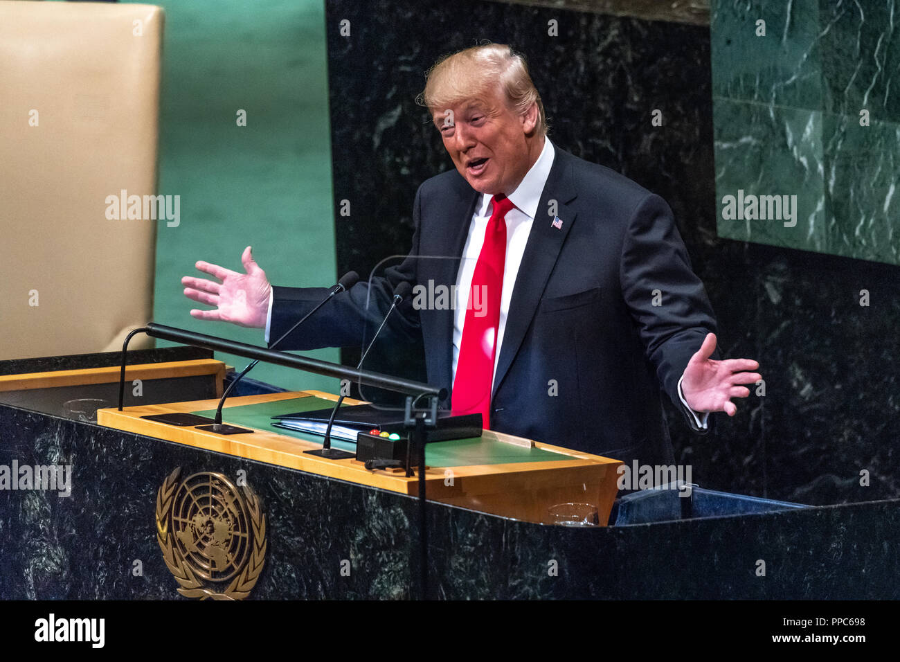 New York, USA, 25 September 2018. US President Donald Trump addresses the United Nations General Assembly in New York city. Photo by Enrique Shore Credit: Enrique Shore/Alamy Live News Credit: Enrique Shore/Alamy Live News Stock Photo