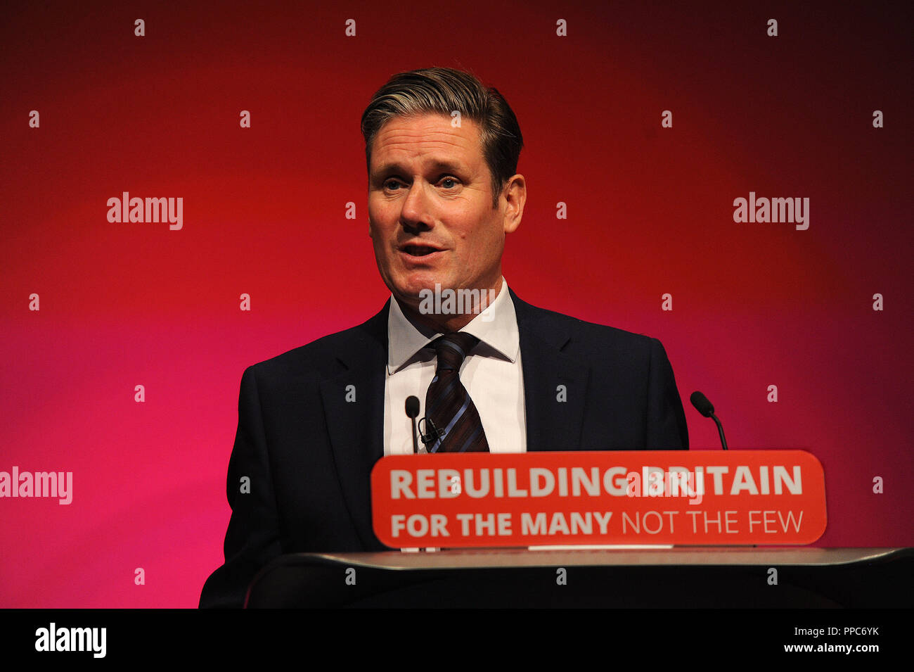 Liverpool, England. 25th September, 2018.  Keir Starmer, Shadow Secretary of State for Exiting the European Union, delivers his speech on the theme of 'Brexit and the Economy', to conference, on the morning session of the third day of the Labour Party annual conference at the ACC Conference Centre.  Kevin Hayes/Alamy Live News Stock Photo